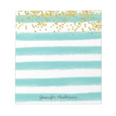 Moderne Blauwgroen Stripe Gold Confetti personalis Notitieblok (Voorkant)