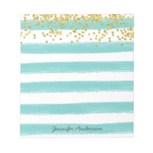 Moderne Blauwgroen Stripe Gold Confetti personalis Notitieblok