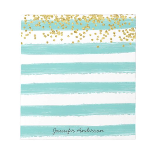 Moderne Blauwgroen Stripe Gold Confetti personalis Notitieblok (Voorkant)
