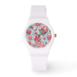 Moderne blauwgroen Valentijn's Day roze harten, mo Horloge