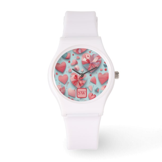 Moderne blauwgroen Valentijn's Day roze harten, mo Horloge (Voorkant)