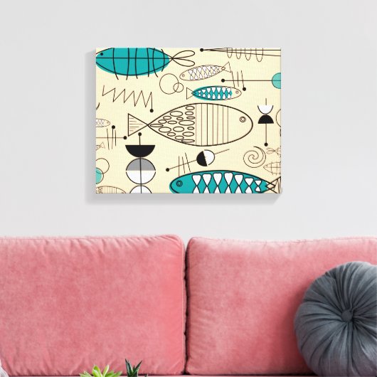 Moderne Blauwgroen viskunst uit de middeleeuwen Canvas Afdruk (Insitu (Woonkamer))