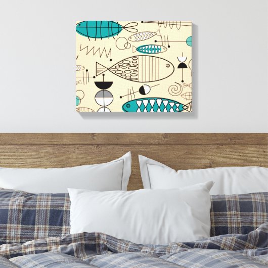 Moderne Blauwgroen viskunst uit de middeleeuwen Canvas Afdruk (Insitu (Slaapkamer))