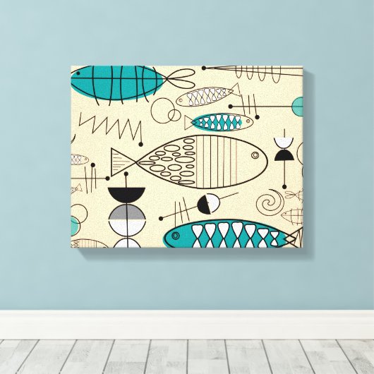 Moderne Blauwgroen viskunst uit de middeleeuwen Canvas Afdruk (Insitu (Houten vloer))