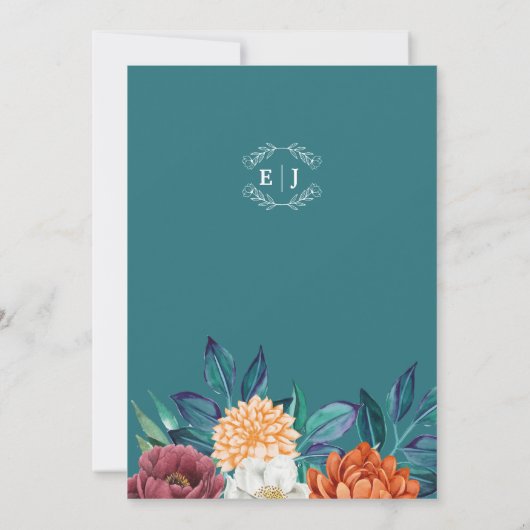 Moderne Blauwgroen waterverf bloemenherfst bruilof Kaart (Achterkant)