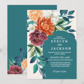 Moderne Blauwgroen waterverf bloemenherfst bruilof Kaart (Voorkant / Achterkant)