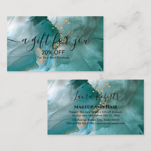 Moderne, Blauwgroen Waterverf en goudkorting Kortingskaartje (Voorkant / Achterkant)