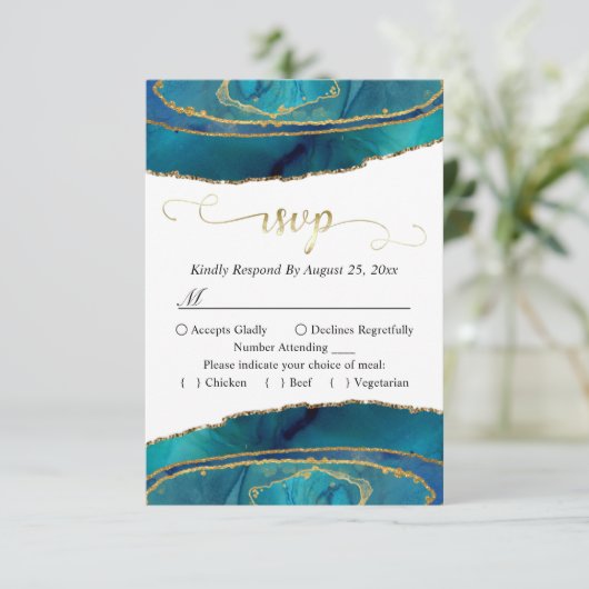 Moderne Blauwgroen Waterverf Gold Agate RSVP (Staand voorkant)
