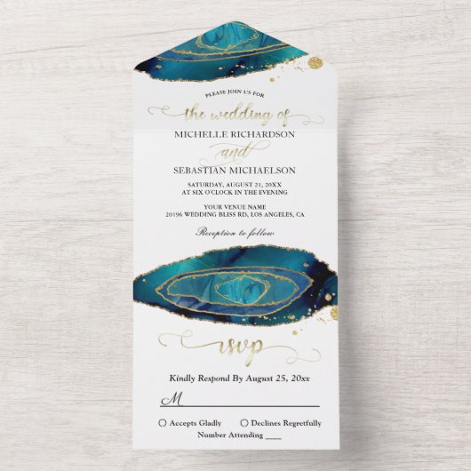 Moderne Blauwgroen Waterverf Gold Agate Wedding All In One Uitnodiging (Binnen)