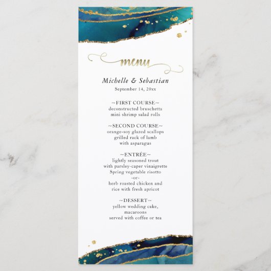 Moderne Blauwgroen Waterverf Gouden Agaat Geode Br Menu (Voorkant)