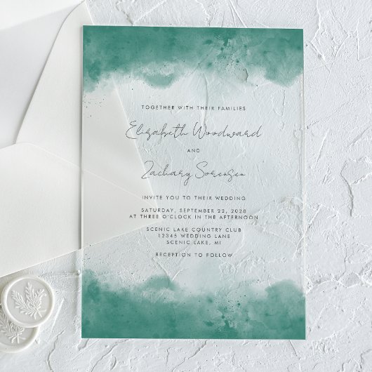 Moderne Blauwgroen Waterverf Grenzen Bruiloft Acryl Uitnodigingen