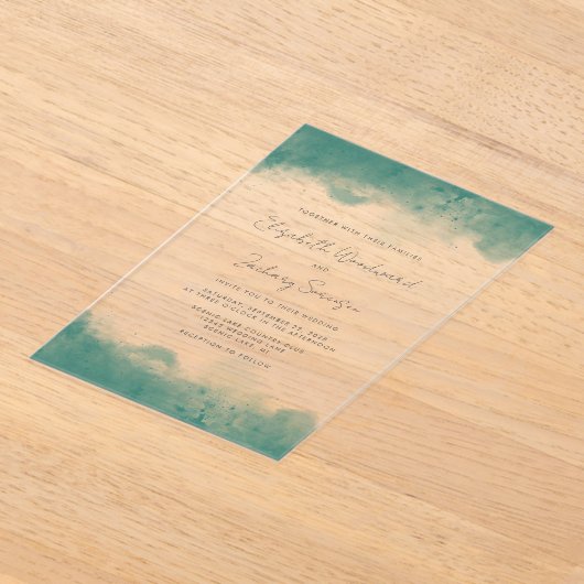 Moderne Blauwgroen Waterverf Grenzen Bruiloft Acryl Uitnodigingen (Laagn)