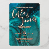 moderne Blauwgroen waterverf met goudkoorts Folie Uitnodiging (Voorkant)