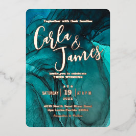 moderne Blauwgroen waterverf met goudkoorts Folie Uitnodiging