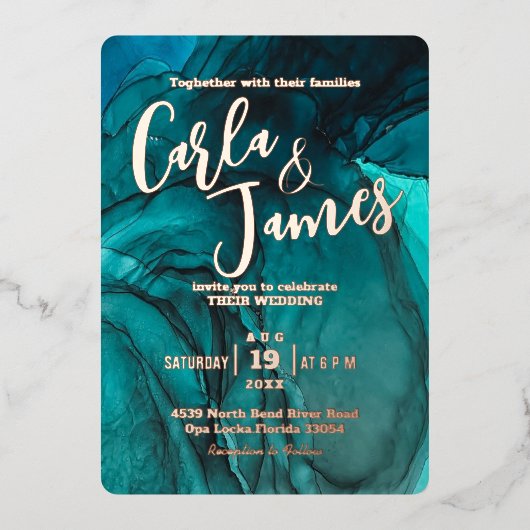 moderne Blauwgroen waterverf met goudkoorts Folie Uitnodiging (Voorkant)