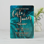 moderne Blauwgroen waterverf met goudkoorts Folie Uitnodiging (Staand Voorkant)