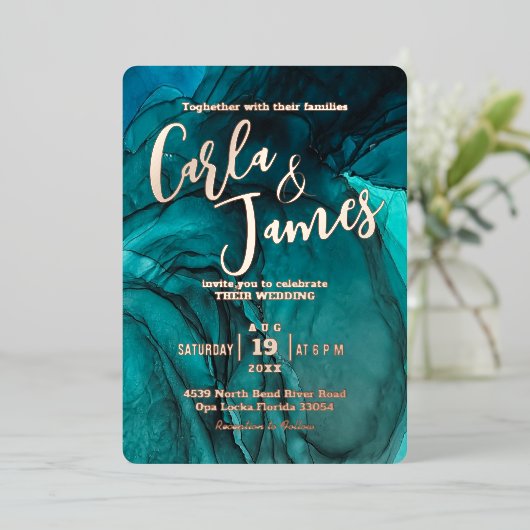 moderne Blauwgroen waterverf met goudkoorts Folie Uitnodiging (Staand Voorkant)