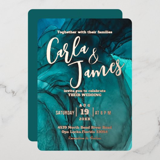 moderne Blauwgroen waterverf met goudkoorts Folie Uitnodiging (Voorkant / Achterkant)