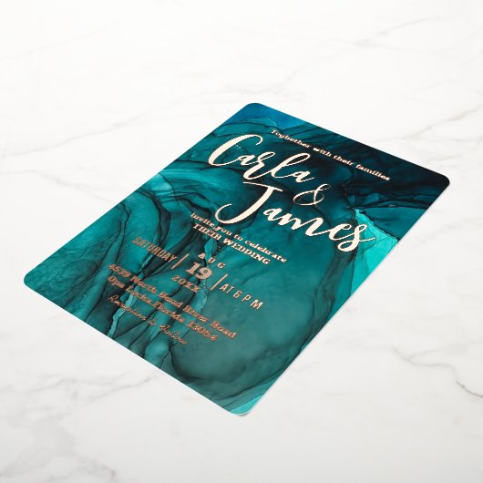 moderne Blauwgroen waterverf met goudkoorts Folie Uitnodiging (Gedraaid)