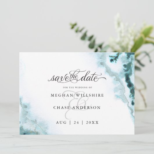 Moderne Blauwgroen Waterverf Moss Agate BarefootBr Save The Date (Staand voorkant)