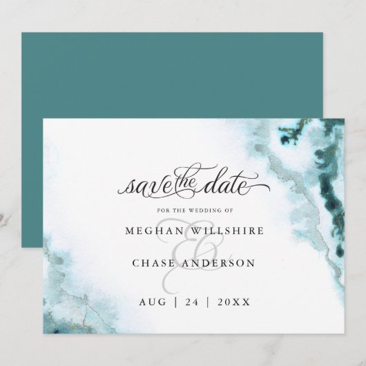 Moderne Blauwgroen Waterverf Moss Agate BarefootBr Save The Date (Voorkant / Achterkant)