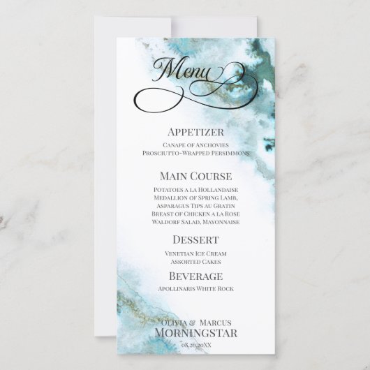 Moderne Blauwgroen Waterverf Moss Agate Menu (Voorkant)