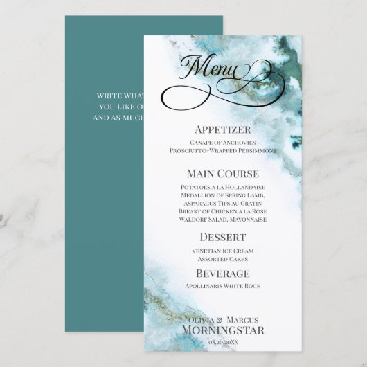 Moderne Blauwgroen Waterverf Moss Agate Menu (Voorkant / Achterkant)