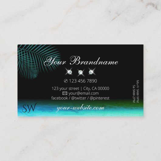 Moderne Blauwgroen Waterverf Palm Leaves Jewels Mo Visitekaartje (Achterkant)