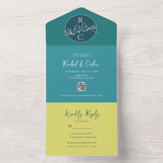 Moderne Blauwgroen weddenschap in één uitnodiging (Binnen)