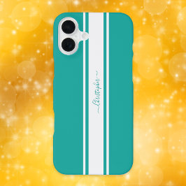 Moderne Blauwgroen witte racestripes monogrammed C iPhone 16 Plus Hoesje