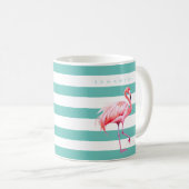 Moderne Blauwgroen Witte Streep Roze Flamingo Aang Koffiemok (Voorkant rechts)