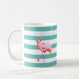 Moderne Blauwgroen Witte Streep Roze Flamingo Aang Koffiemok