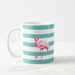 Moderne Blauwgroen Witte Streep Roze Flamingo Aang Koffiemok