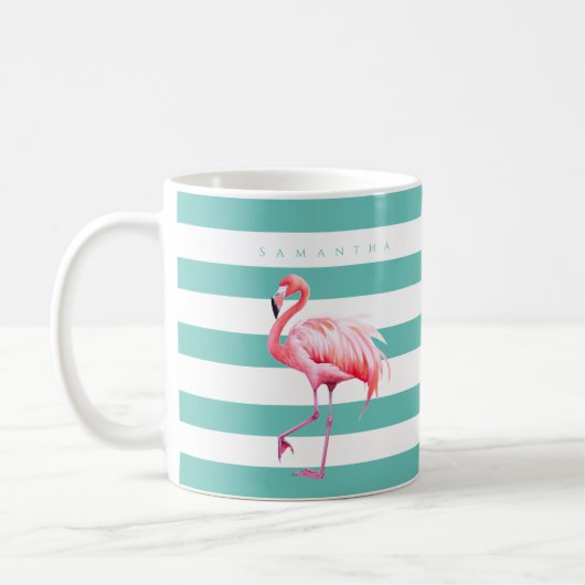 Moderne Blauwgroen Witte Streep Roze Flamingo Aang Koffiemok (Links)