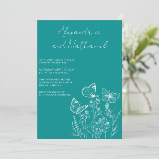 Moderne Blauwgroen & witte vlinder bruiloft Kaart (Staand voorkant)