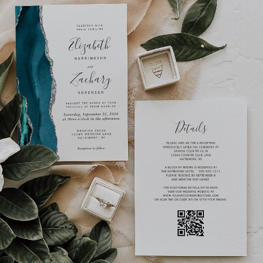 Moderne Blauwgroen zilveren agaat QR Code Wedding Kaart