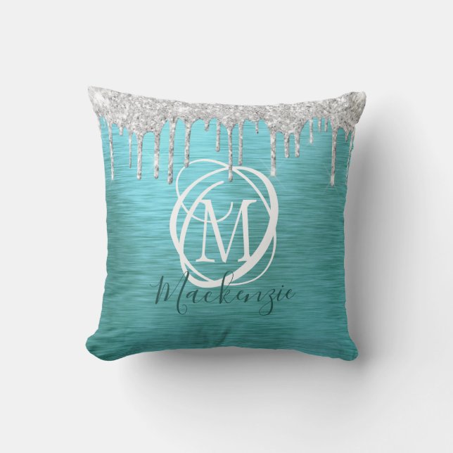 Moderne Blauwgroen zilveren glitter Drip monogram Kussen (Voorkant)