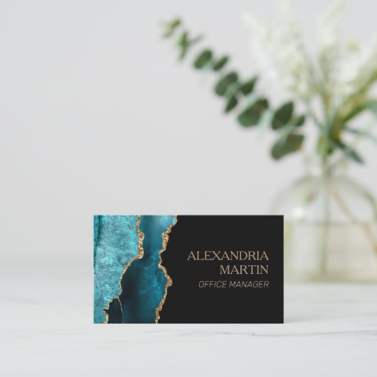 Moderne Blauwgroen zwarte gouden glitter marmer Visitekaartje (Staand voorkant)