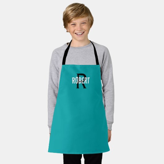 Moderne blauwgroen zwarte monogram, naam apron schort (Gedragen)