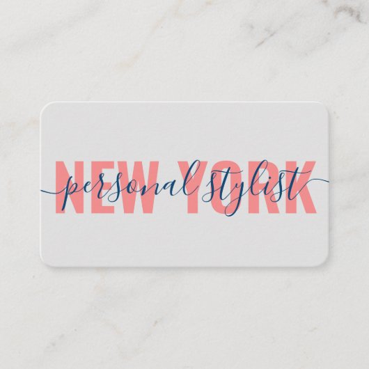 Moderne blauwvormige mode stylist script voor kora visitekaartje (Voorkant)