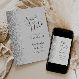 Moderne Bleke Grijs Zilveren Glitter Save the Date Aankondiging