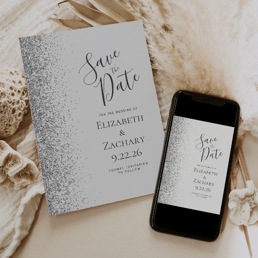 Moderne Bleke Grijs Zilveren Glitter Save the Date Aankondiging