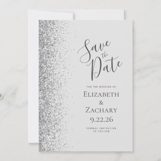 Moderne Bleke Grijs Zilveren Glitter Save the Date Aankondiging (Voorkant)