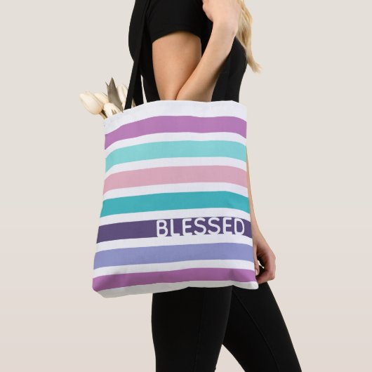 Moderne BLESSED Pastel Striped Christelijk Tote Bag (Dichtbij)