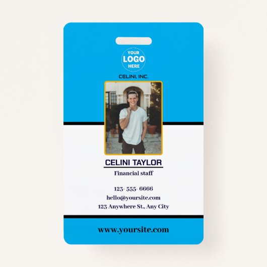 Moderne Bleu ID Kaart met Foto & Logo Badge (Voorkant)