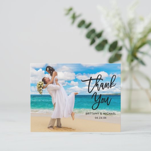 Moderne Blk Brush Script Weddenschap Bedankt Briefkaart (Staand voorkant)