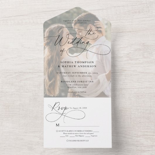 Moderne bloeiende kalligrafie wit foto bruiloft all in one uitnodiging (Binnen)