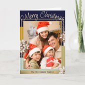 Moderne Bloem Blue Goud Foto Prettig Kerstfeest Feestdagen Kaart (Voorkant)