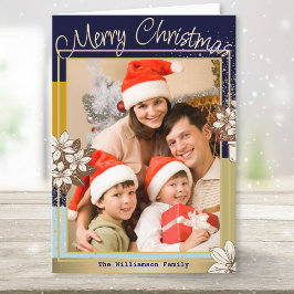 Moderne Bloem Blue Goud Foto Prettig Kerstfeest Feestdagen Kaart