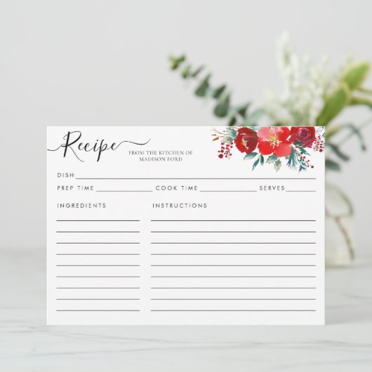 Moderne Bloem Burgundy Hulst Kerst Recept Kaart (Staand voorkant)